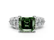 Cluster Engagement Ring Setting for Fancy Green Asscher Cut Center with 2-Row Shoulder Clusters and Prong Head in Sterling Silver