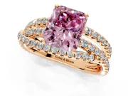 Solitaire Engagement Ring Setting for Fancy Pink Radiant Cut Center with Woven 3-Strand Pave Band and Prong Head in Rose Gold