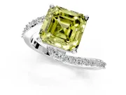 Solitaire Engagement Ring Setting for Fancy Yellow Asscher Cut Center with Pave Bypass Swirl Band and Prong Head in White Gold