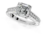 Solitaire Engagement Ring Setting for Asscher Cut Center with Engraved Pave Band and Prong Head in Platinum