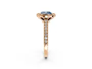 Halo Engagement Ring Setting for Fancy Blue Cushion Cut Center with Milgrain Pave Band and Bezel Head in Rose Gold