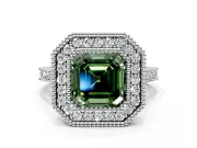 Halo Engagement Ring Setting for Fancy Green Asscher Cut Center with Milgrain Frame, Pave Band and Prong Head in Sterling Silver