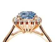 Starburst Halo Engagement Ring Setting for Fancy Blue Cushion Cut Center with Thin Round-Wire Band and Prong Head in Rose Gold