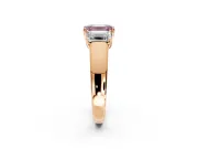 3 Stone Engagement Ring Setting for Fancy Pink Emerald Cut Center with Raised Basket Heads and Prong Head in Rose Gold