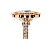Halo Engagement Ring Setting for Oval Center with Milgrain Frame, Pave Band and Prong Head in Rose Gold