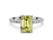 Solitaire Engagement Ring Setting for Fancy Yellow Emerald Cut Center with Fine Pave Narrow Band and Prong Head in White Gold