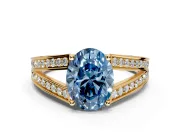 Split Shank Engagement Ring Setting for Fancy Blue Oval Center with Pave Split Shank and Prong Head in Yellow Gold