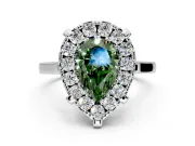 Single Halo Engagement Ring Setting for Fancy Green Pear-Shaped Center with Corner Claws, Plain Band and Prong Head in Platinum
