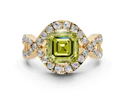 Halo Engagement Ring Setting for Fancy Yellow Asscher Cut Center with Pave Infinity Twist Band and Prong Head in Yellow Gold