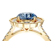 Milgrain Floral Halo Engagement Ring Setting for Fancy Blue Round Cut Center with Pave Band and Prong Head in Yellow Gold