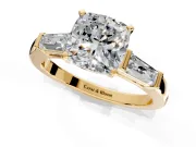 3 Stone Engagement Ring Setting for Cushion Cut Center with Tapered Baguettes, Plain Band and Prong Head in Yellow Gold