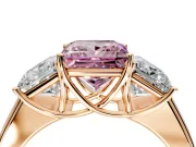 3 Stone Engagement Ring Setting for Fancy Pink Princess Cut Center with Raised Basket Heads and Prong Head in Rose Gold