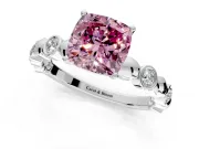 Solitaire Engagement Ring Setting for Fancy Pink Cushion Cut Center with Beaded Bezel Station Band and Prong Head in Platinum