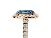 Halo Engagement Ring Setting for Fancy Blue Emerald Cut Center with Narrowing Pave Band and Prong Head in Rose Gold
