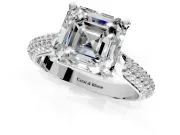Solitaire Engagement Ring Setting for Asscher Cut Center with Multi-Row Accents and Prong Head in White Gold
