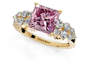 Cluster Engagement Ring Setting for Fancy Pink Princess Cut Center with 2-Row Shoulder Clusters and Prong Head in Yellow Gold