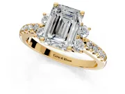 Paired Accent Engagement Ring Setting for Emerald Cut Center with Pave Band and Prong Head in Yellow Gold
