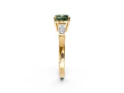 3 Stone Engagement Ring Setting for Fancy Green Cushion Cut Center with Baguette Accents and Prong Head in Yellow Gold