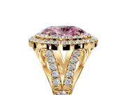 Double Halo Engagement Ring Setting for Fancy Pink Oval Center with Narrow Pave Split Shank and Prong Head in Yellow Gold