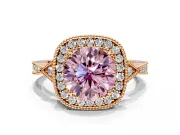 Halo Engagement Ring Setting for Fancy Pink Round Cut Center with Milgrain Rim, Pave Band and Prong Head in Rose Gold