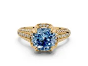Solitaire Engagement Ring Setting for Fancy Blue Cushion Cut Center with Accented Split Shank and Prong Head in Yellow Gold