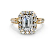Floral Halo Engagement Ring Setting for Emerald Cut Center with Large Halo Accents and Prong Head in Yellow Gold