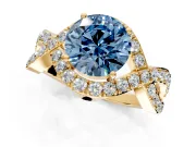Halo Engagement Ring Setting for Fancy Blue Round Cut Center with Pave Infinity Twist Band and Prong Head in Yellow Gold