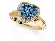Halo Engagement Ring Setting for Fancy Blue Heart-Shaped Center with Knife Ridge Cathedral Band and Prong Head in Yellow Gold