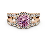Halo Engagement Ring Setting for Fancy Pink Cushion Cut Center with Wide-Open Pave Split Shank and Prong Head in Rose Gold