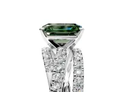 Solitaire Engagement Ring Setting for Fancy Green Emerald Cut Center with Woven 3-Strand Pave Band and Prong Head in White Gold