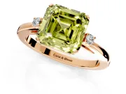 3 Stone Engagement Ring Setting for Fancy Yellow Asscher Cut Center with Low-Set Round Cut Accents and Prong Head in Rose Gold
