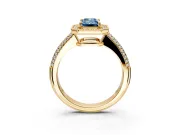 Milgrain Halo Engagement Ring Setting for Fancy Blue Emerald Cut Center with Three-Sided Pave Band and Prong Head in Yellow Gold
