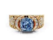 Pave Engagement Ring Setting for Fancy Blue Cushion Cut Center with Curved Accent Rows, Openwork and Prong Head in Yellow Gold