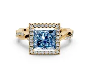 Halo Engagement Ring Setting for Fancy Blue Princess Cut Center with Pave and Plain Twist Band and Prong Head in Yellow Gold