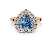 Halo Engagement Ring Setting for Fancy Blue Heart-Shaped Center with Thin Plain Band and Prong Head in Rose Gold
