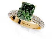 Solitaire Engagement Ring Setting for Fancy Green Radiant Cut Center with Domed Multi-Row Pave Band and Prong Head in Yellow Gold