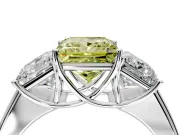 3 Stone Engagement Ring Setting for Fancy Yellow Princess Cut Center with Raised Basket Heads and Prong Head in Platinum