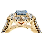Large Accent Halo Engagement Ring Setting for Fancy Blue Emerald Cut Center with Pave Split Shank and Prong Head in Yellow Gold