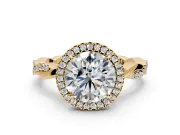 Halo Engagement Ring Setting for Round Cut Center with Pave and Plain Twist Band and Prong Head in Yellow Gold