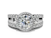 Halo Engagement Ring Setting for Round Cut Center with Wide-Open Pave Split Shank and Prong Head in Platinum