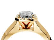 Halo Engagement Ring Setting for Emerald Cut Center with Knife Ridge Cathedral Band and Prong Head in Yellow Gold