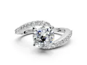 Solitaire Engagement Ring Setting for Cushion Cut Center with Pave Bypass Swirl Band and Prong Head in Platinum