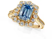 Milgrain Halo Engagement Ring Setting for Fancy Blue Emerald Cut Center with Bezel Point Accents and Prong Head in Yellow Gold