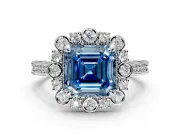 Milgrain Halo Engagement Ring Setting for Fancy Blue Asscher Cut Center with Bezel Point Accents and Prong Head in White Gold