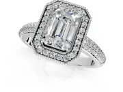 Milgrain Halo Engagement Ring Setting for Emerald Cut Center with Three-Sided Pave Band and Prong Head in Sterling Silver