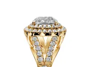 Double Halo Engagement Ring Setting for Cushion Cut Center with Narrow Pave Split Shank and Prong Head in Yellow Gold