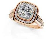 Halo Engagement Ring Setting for Cushion Cut Center with Outer Bezel Rim, Pave Band and Prong Head in Rose Gold