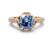 Floral Engagement Ring Setting for Fancy Blue Cushion Cut Center with Four Accent Clusters and Prong Head in Rose Gold