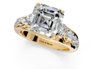 Solitaire Engagement Ring Setting for Asscher Cut Center with Graduated Shared Prongs and Prong Head in Yellow Gold