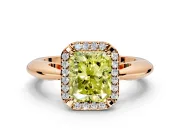 Halo Engagement Ring Setting for Fancy Yellow Radiant Cut Center with Tapered Plain Band and Prong Head in Rose Gold